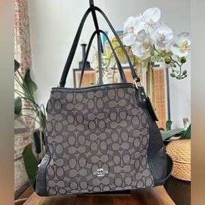 Coach Edie 31 shoulder bag signature black jacquard canvas black leather trim